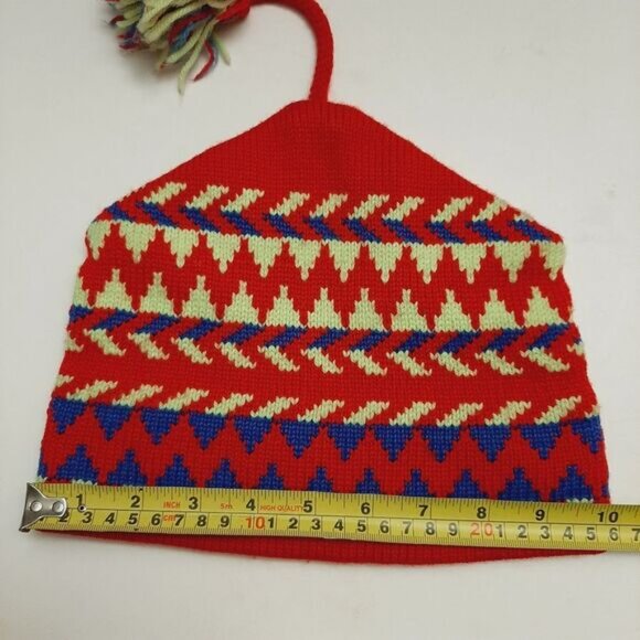 Retro 80's CAPPELLO 100% Wool Intarsia Geo Pattern Knit Beanie Hat w/ Pom-Pom OS - Picture 2 of 14